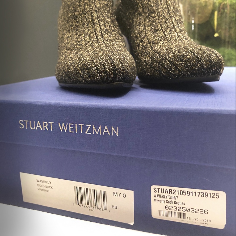 Stuart Weitzman | Shimmer Black Gold Sock Booties - Picture 5 of 7